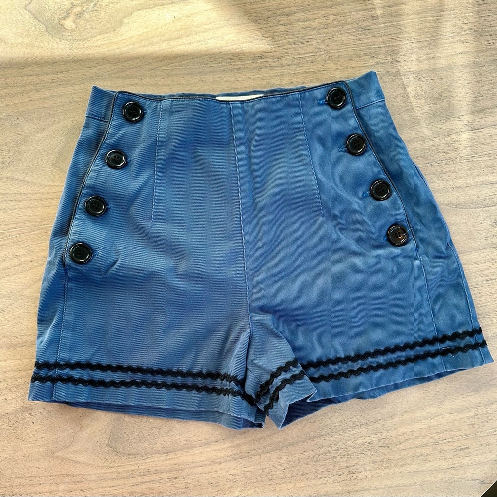 High Waist Blue Shorts with Black Trim